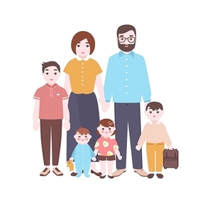 Large happy family portrait. Smiling mother, father, and children standing together. Adorable funny cartoon characters isolated on white background. Colorful vector illustration in flat style