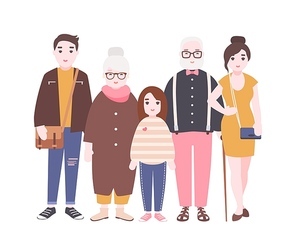 Happy family with grandfather, grandmother, father, mother and child girl standing together. Cute funny cartoon characters isolated on white background. Colorful vector illustration in flat style