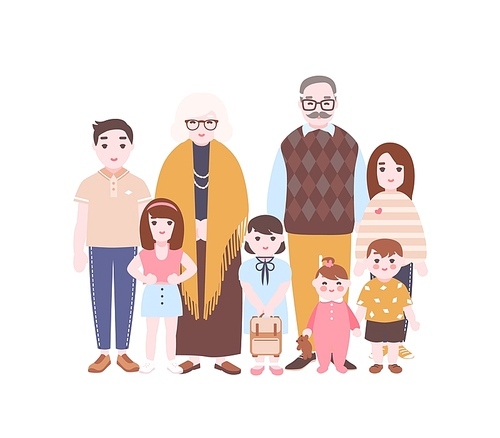 Family portrait. Grandparents and grandchildren standing together. Grandmother, grandfather, grandsons and granddaughters isolated on white . Cartoon vector illustration in flat style.