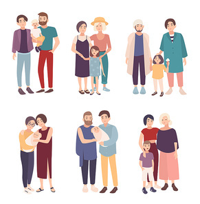 Set of gay couple with children of different ages. LGBT male and female with babies. Homosexual family collection. Colorful vector illustration in cartoon style