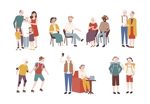 Collection of happy elderly people performing daily activities - rollerskating, going camping, spending time with family. Set of smiling old men and women. Colorful flat cartoon vector illustration.
