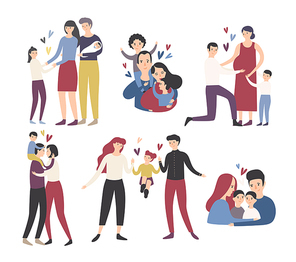 Happy loving family. Mother, father and children smiling, hugging, kissing and playing. Collection of cute and funny flat cartoon characters in different situations. Colorful vector illustration