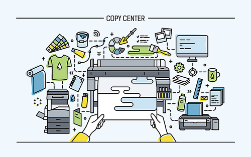 Concept of copy center,  shop, publishing. Horizontal banner with er, monitor, scanner, different equipment. Colorful vector illustration in lineart style