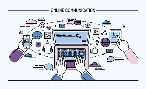 online communication lineart banner. gadgets, information technology, communications, messaging, chat, media Colorful flat style vector illustration
