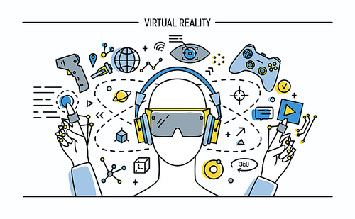 virtual reality lineart banner. colorful vector illustration.