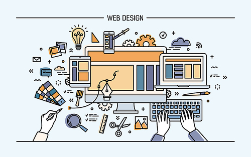 Web development, line art banner. site with responsive design. colorful flat vector illustration