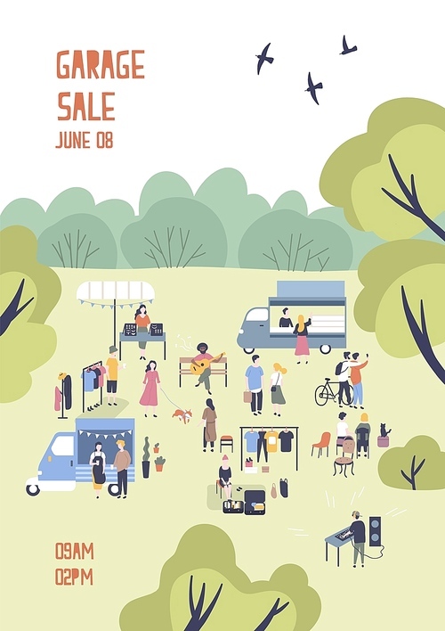 Modern flyer or poster template for garage sale or outdoor festival with food trucks, walking people, men and women buying and selling goods at park. Flat cartoon vector illustration for event promo.