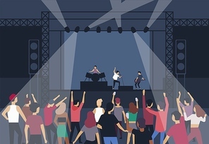 Large group of people or music fans dancing in front of stage with performing musical band, back view. Musicians, singers and audience at summer open air festival. Flat cartoon vector illustration.