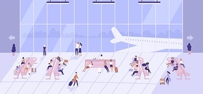 People waiting inside airport building with large panoramic windows and airplanes outside. Passengers sitting on benches and walking with baggage at terminal. Flat cartoon vector illustration.