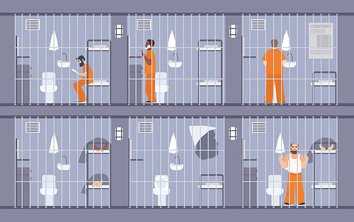 Colorful illustration featuring prisoners behind the bars. People in orange uniform. escape get out through wall in cell. Prison inmates. Flat cartoon vector