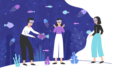 Three people wearing virtual reality glasses and standing inside giant aquarium full of exotic fish. Male and female cartoon characters enjoying VR headset effects. Colorful vector illustration