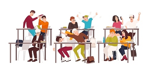 Group of students or pupils sitting at desks in classroom and demonstrating bad behavior - fighting, eating, sleeping, surfing internet on smartphone during lesson. Flat cartoon vector illustration