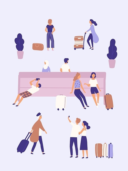 Men and women with suitcases waiting at airport or bus station. Group of people or passengers with luggage sitting on bench, taking selfie photo, standing, walking. Flat cartoon vector illustration
