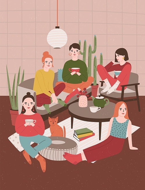 Group of young women sitting in room furnished in Scandinavian style, drinking tea and talking to each other. Girls spending time together at home. Hygge evening. Flat cartoon vector illustration.