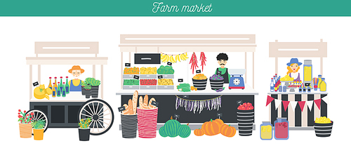 Horizontal advertising banner on farm market theme, organic food. Different vendors, local shop. Farmers sell fresh products, vegetables, fruits, bread, drink. Colorful vector illustration