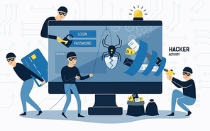 Criminals, burglars or crackers wearing black hats, masks and clothes stealing personal information from computer. Concept of hacker internet activity or security hacking. Cartoon vector illustration.