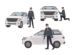 Set of hijacker wearing black clothes and mask standing beside car and trying to break into it. Male cartoon character committing crime isolated on white . Vector illustration in flat style.