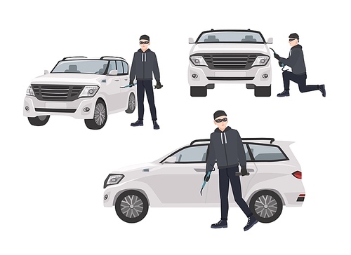 Set of hijacker wearing black clothes and mask standing beside car and trying to break into it. Male cartoon character committing crime isolated on white . Vector illustration in flat style.