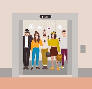 Young people dressed in trendy clothes standing in elevator with open doors and using smartphones. Group of various men and women waiting inside lift stopped on floor of building. Vector illustration