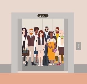 Different people standing in elevator with open doors. Group of various men and women waiting inside lift stopped on floor of building. Bright colored cartoon vector illustration in flat style