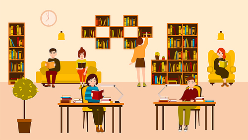 Smiling people reading and studying at public library. Cute flat cartoon men and women sitting at desks and on sofa surrounded by shelves and racks with books. Modern colorful vector illustration