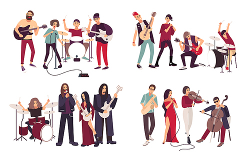 Different musical bands. Indie, metal, punk rock, jazz, cabaret. Young artists, musicians singing and playing music instruments. Colorful flat illustration set
