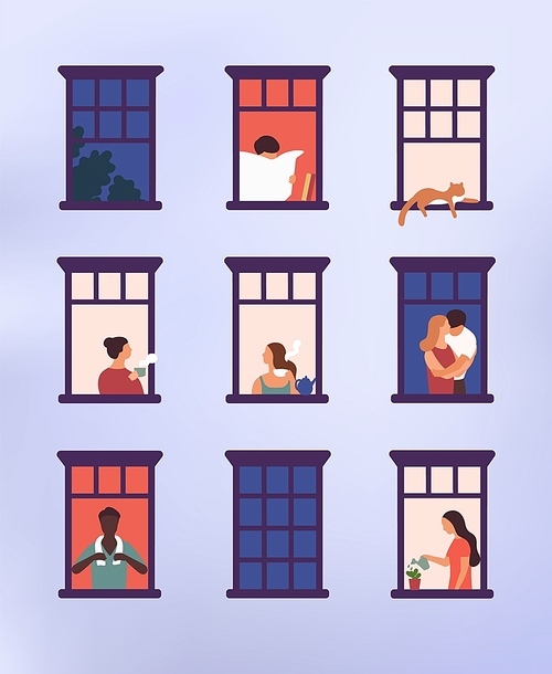 Windows with neighbors doing daily things in their apartments - drinking tea, talking, watering potted plant, hugging or cuddling, reading newspaper. Colorful vector illustration in modern flat style.