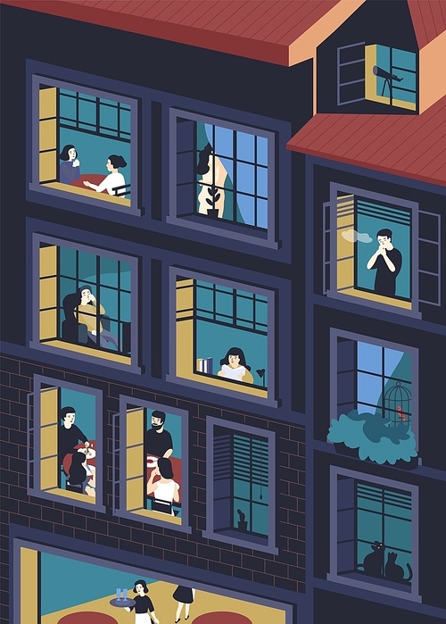 Facade of building with opened windows and people living inside. Men and women eating, smoking, reading, talking in their apartments. Concept of neighbors and neighborhood. Vector illustration.