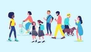 People or passersby on street. Men, women and children passing by, walking, riding bike, listen to music. Modern city dwellers, urban lifestyle. Colored vector illustration in flat cartoon style