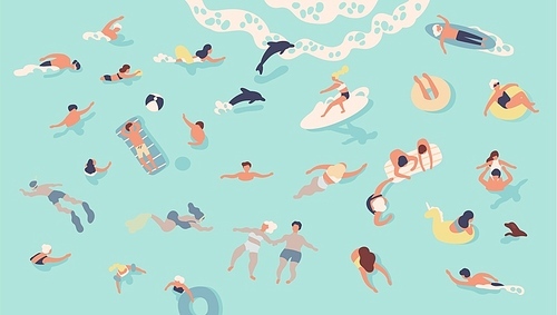 People in sea or ocean performing various activities. Men and women swimming, diving, surfing, lying on floating air mattress and sunbathing, playing with ball. Flat cartoon vector illustration.