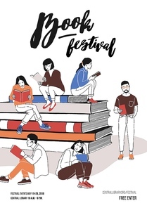 Group of young people dressed in trendy clothing sitting on pile of giant books or beside it and reading. Colored vector illustration for literary or writers festival advertisement, promotion