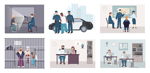 Different situations in police station. Colorful set featuring police work arrest, interrogation, identikit, meeting, investigation. Flat illustration vector collection.