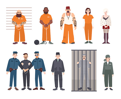 Colorful collection of male and female prisoners. Arrested men and women set. Flat vector illustration