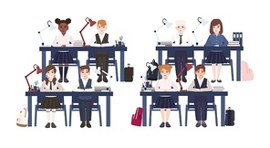 Pupils in uniform sitting at desks in classroom isolated on white background. Sad and smiling elementary school boys and girls on lesson in class. Colorful vector illustration in flat cartoon style.