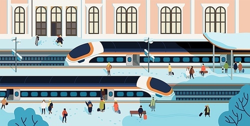 Trains stopped against railway station building on background, people walking and waiting on platform covered by snow. Passenger rail transport, railroad transportation. Hand drawn vector illustration