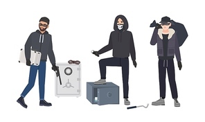 Gang of robbers or burglars dressed in black clothes standing beside opened bank safes. Group of male thieves committing burglary or theft. Flat cartoon characters. Colorful vector illustration.