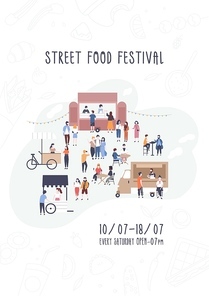 flyer, invitation or poster template for summer street food festival with people walking between vans or caterers, buying meals, eating and . vector illustration for outdoor event promotion.
