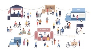 Summer outdoor street food festival. People walking between vans or caterers, buying meals, eating and drinking, taking selfie, talking to each other. Flat cartoon colorful vector illustration.