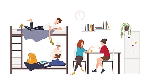 Male and female students spending time in college dormitory room. Young men and women drinking coffee, talking, preparing for exam in university residential area. Flat cartoon vector illustration.