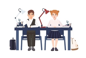 Primary school boy and girl in uniform sitting at desk in classroom isolated on white . Smiling pupils or students listening to lesson in class. Flat cartoon colorful vector illustration.
