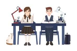 Pair of school boy and girl in uniform sitting at desk isolated on white . Happy and unhappy pupils listen to lesson in class and prepare to answer. Flat cartoon colored vector illustration.
