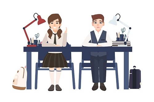 Pair of school boy and girl in uniform sitting at desk isolated on white . Happy and unhappy pupils listen to lesson in class and prepare to answer. Flat cartoon colored vector illustration.