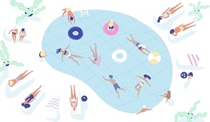 Group of people dressed in swimwear swimming in pool or lying down on sunloungers and sunbathing. Men and women performing summer outdoor water activities. Colorful vector illustration in flat style.