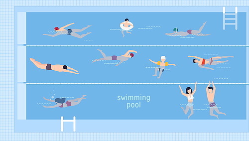 Horizontal illustration with swimmers in swimming pool. Top view. Various people and kids in water, swim in different ways. Colorful vector background in flat style with place for text
