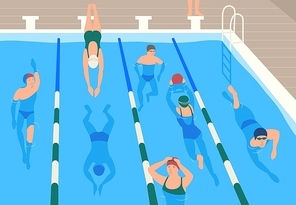 Male and female flat cartoon characters wearing caps, goggles and swimwear jumping and swimming or divining in pool. Men and women performing sports activity in water. Modern vector illustration