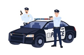 Two policemen or cops in uniform standing near car, holding guns and aiming them at someone. Police operation. Flat cartoon characters isolated on white background. Colorful vector illustration.
