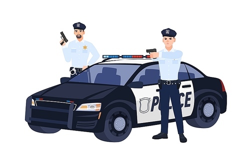 Two policemen or cops in uniform standing near car, holding guns and aiming them at someone. Police operation. Flat cartoon characters isolated on white . Colorful vector illustration.