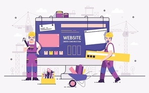 Pair of servicemen or repairmen holding and carrying repair tools against computer monitor on background. Concept of website under construction, web page maintenance or error 404. Vector illustration