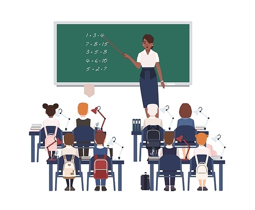 Female math teacher explaining summation to elementary school kids or pupils. Smiling african american woman teaching mathematics or arithmetic to children sitting in class. Vector illustration