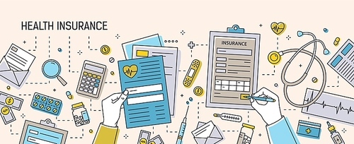 Horizontal banner with hands filling out health insurance documents surrounded by paper forms, medications, medical equipment and tools. Colorful vector illustration in modern line art style